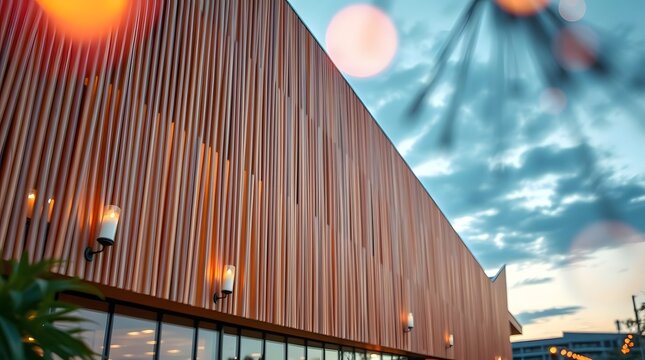 Modern commercial building facade with vertical wooden louvers and evening lighting