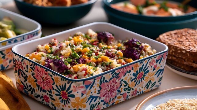 Vibrant and exotic meal prepa n containers feature playful contrasts of warm sunlight and cool tones creating a peaceful and energetic aesthetic
