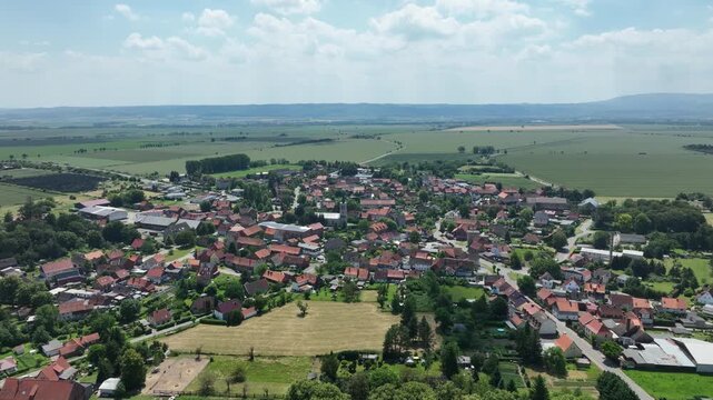 Drone view of Gemeinde Nordharz - Heudeber village in the Harz district, Saxony Anhalt, Germany