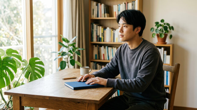 Young man deep in thought while working at a wooden desk in a bright, plant-filled room.