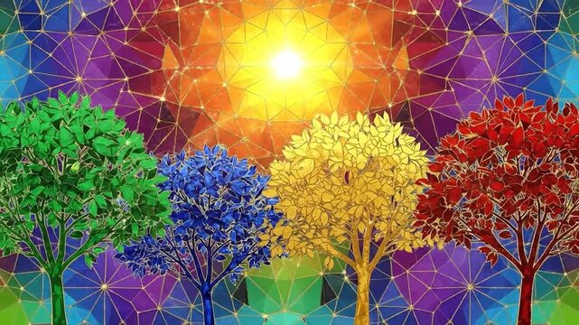 Colorful abstract trees in a geometric landscape with sunlight.