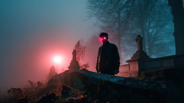 A shadowy figure with glowing eyes standing in a foggy graveyard