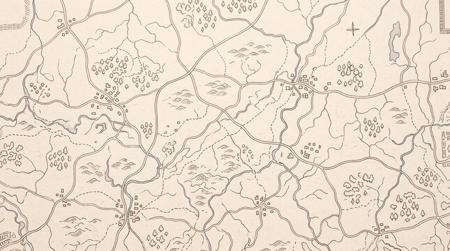 Vintage hand drawn fantasy map with winding roads forests and rivers on sepia background