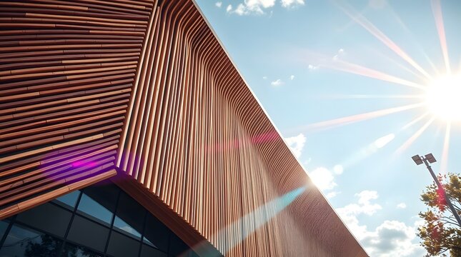 Modern building facade with curved wooden louver cladding and bright sunburst lens flare
