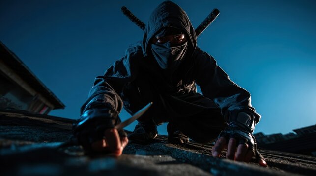 A shadowy ninja crouched on a rooftop
