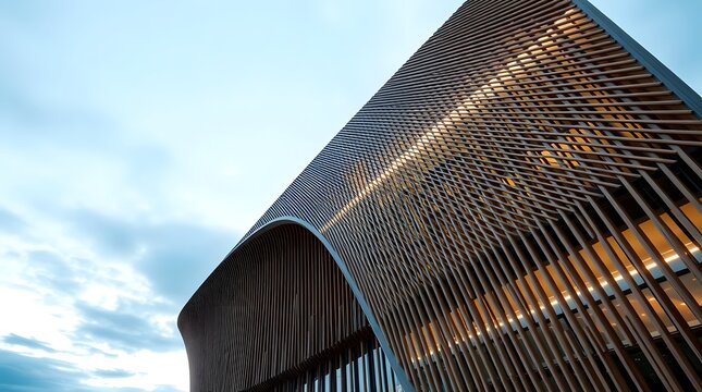Minimalist brutalist architecture building with geometric wood cladding blocks and glass facade