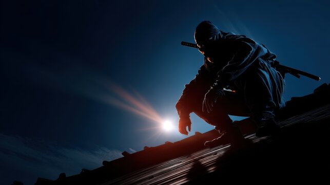 A shadowy ninja crouched on a rooftop