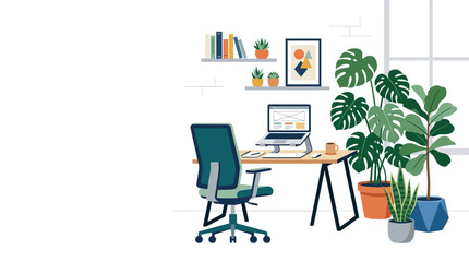 Fototapeta premium Modern home office setup with plants and books on shelves.