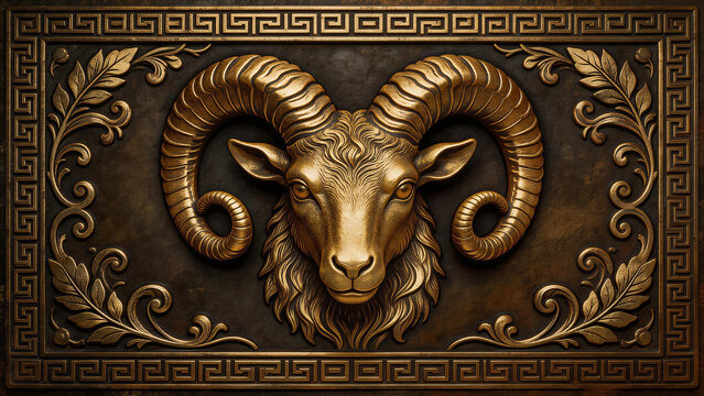 Golden ram head with ornate border