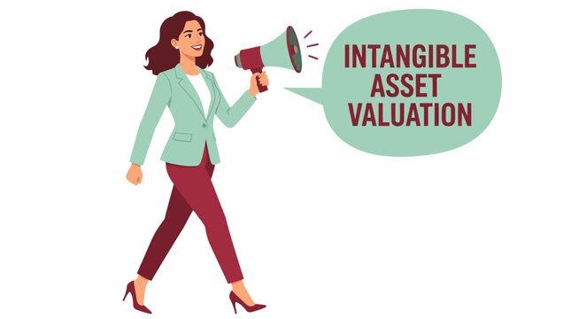Woman with megaphone announcing intangible asset valuation.