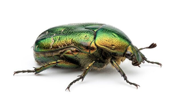 A vibrant, iridescent green beetle with metallic sheen rests on a plain surface. Its segmented body and intricate legs are clearly visible