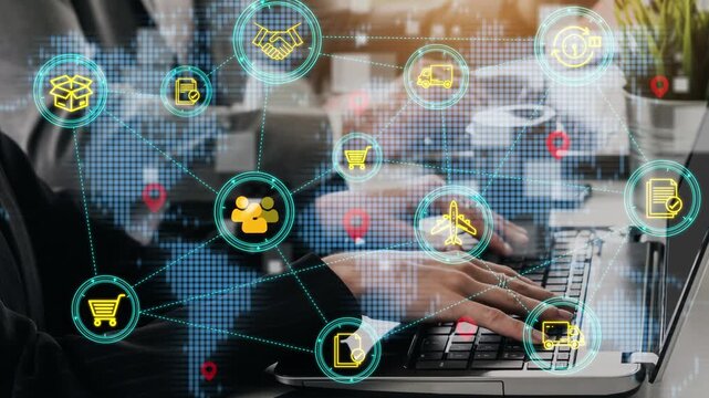 Digital Network Icons Overlay on Hands Typing on Laptop with Global Connectivity and Technology Symbols for Online Business Conceptualization. Entropy.