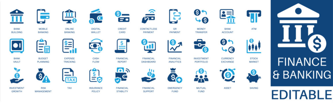 Finance and banking solid icon set. Featuring mobile banking, investment portfolio, stock market, risk management, and budget planning. Editable vector glyphs for corporate wealth and accounting.