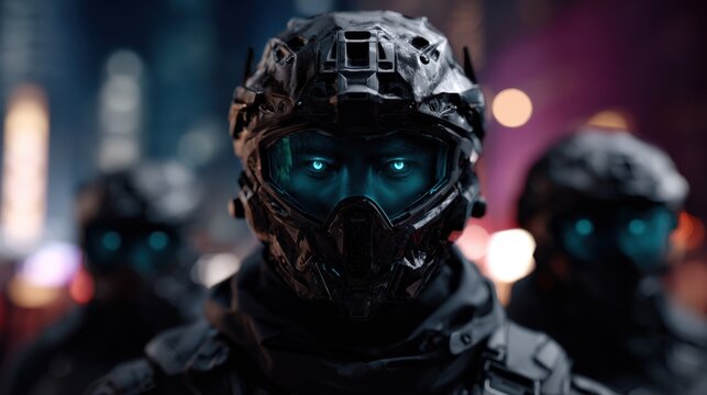 A squad of futuristic thieves in high-tech armor standing in a formation