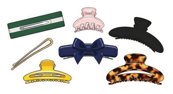 Vector illustration set of various stylish hair clips, claw clamps, bobby pins, and barrettes isolated on a white background