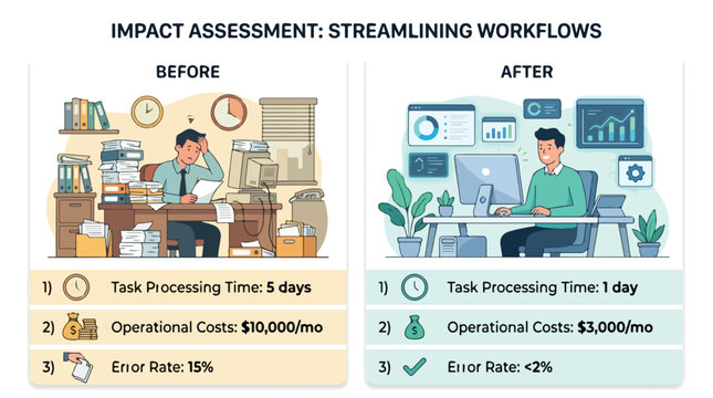 Impact Assessment Streamlining Workflows Before and After Comparison Illustrating Enhanced Efficiency and Reduced Costs Through Digital Transformation and Process Optimization