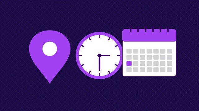 Location, time, and date animation: business planning and scheduling concept map pin clock calendar