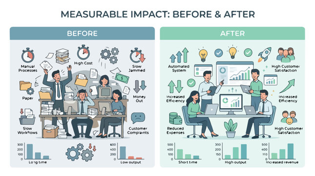 Measurable Impact Before and After Business Transformation Showing Improved Efficiency and Customer Satisfaction Through Automation and Reduced Costs