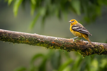 Female baltimore oriole perched on a mossy branch, wild Icterus galbula bird profile portrait in the tropical rainforest of Costa Rica. © Teresa