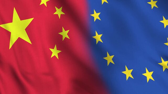 Diagonally aligned flags of EU and China in a realistic seamless wave animation.