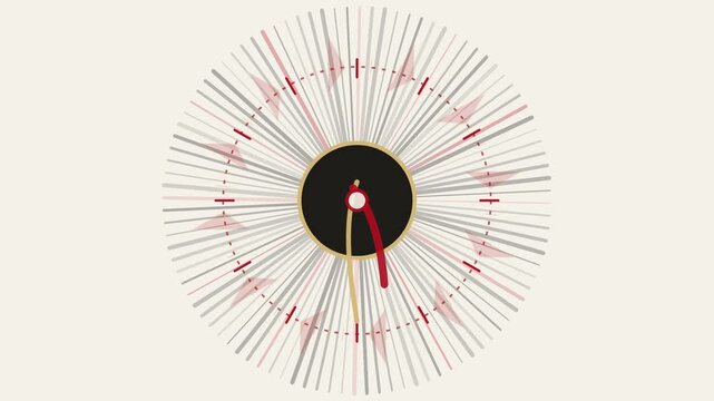 Minimalist abstract clock animation with rotating hands and radial lines, modern time concept motion