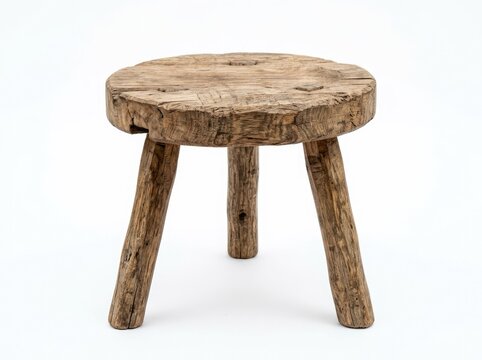 An antique, rustic wooden stool with a round seat and three legs, showing signs of age and wear