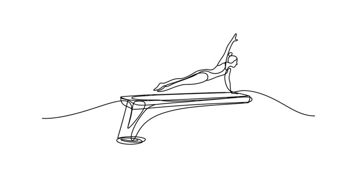 Continuous single line drawing of a woman performing pilates exercise on a reformer machine