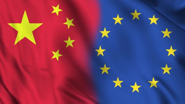 Horizontally aligned flags of EU and China in a realistic seamless wave animation.