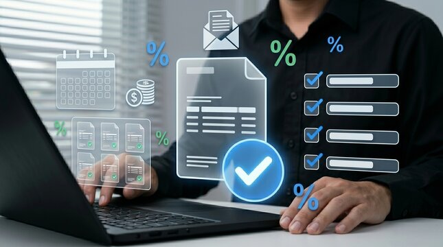 Digital invoice processing and billing management. Man using laptop to manage payment, checklist financial workflow, and electronic statements for tax accounting.