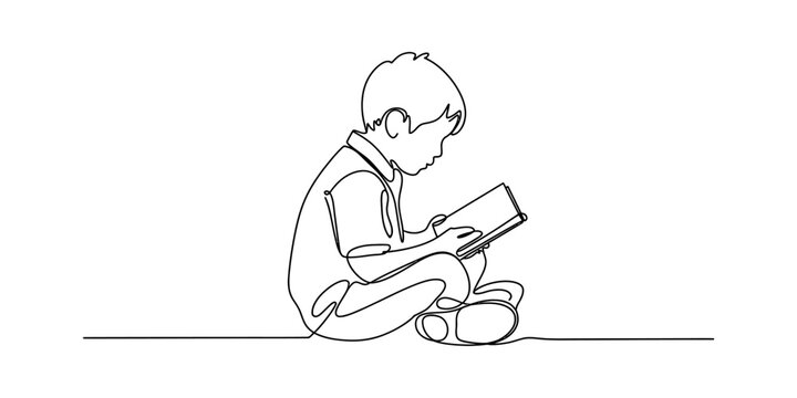 A young boy sitting and reading a book drawn in a simple continuous line art style