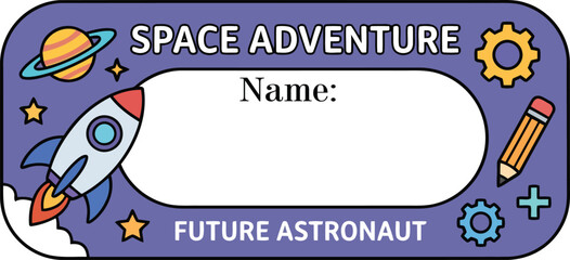 Obraz premium Educational space adventure name tag illustration with a clear white background copy space for a child's name.