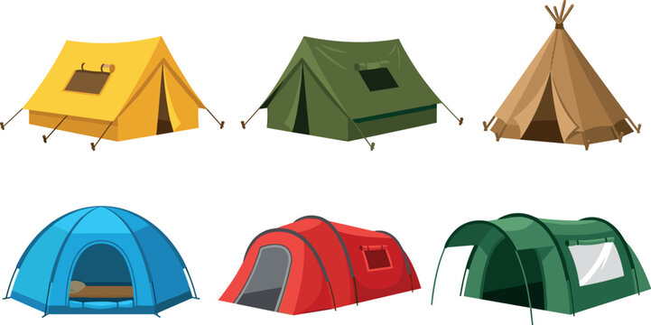 Camping Tent Vector Icon Collection Featuring Tourist Shelters Dome Tipi Ridge and Tunnel Tents for Outdoor Adventure and Summer Recreation Designs