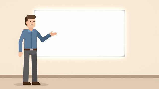 Animated Male Character Presenting Information on a Whiteboard in a Modern Office Setting.