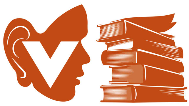 Face profile with letter V and stack of books.