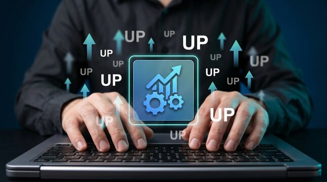 Upskilling and performance improvement. IT skill development and career growth alongside businessman using laptop computer for professional learning and training.