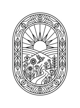 Minimalist line art illustration of a nature landscape with sun and bird in oval frame. EPS Editable. Vector Illustrations.