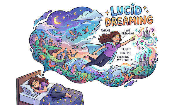 Lucid Dreaming Illustration of Girl Flying Above Bed