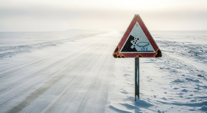 Winter Road Sign Warns Of Slippery Icy Conditions Over Frozen Landscape