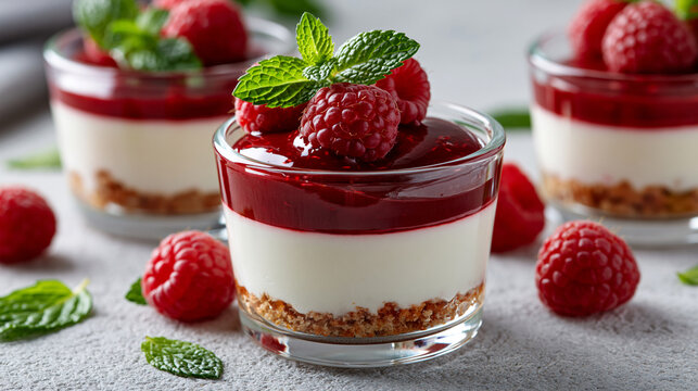 Layered Raspberry Parfait Cups with Cream and Berry Topping
