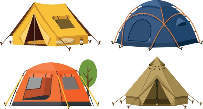 Camping Tent Vector Icon Set Featuring Various Tourist Shelters Dome Tipi and Ridge Tents for Outdoor Adventure and Summer Recreation Designs