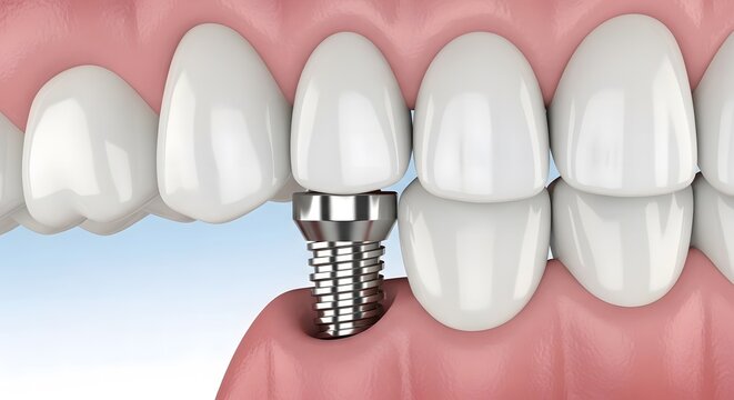 Dental implant restoration close up of titanium screw in gum tissue