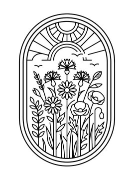Wildflower line art illustration with sun in oval frame. EPS Editable. Vector Illustrations.