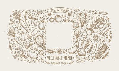 Vector vintage engraving illustration banner of vegetables frame with fresh organic agricultural crops and healthy foods. © Avartde