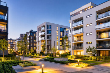 Fototapeta premium Modern Apartment Complex With Landscaped Courtyard at Blue Hour