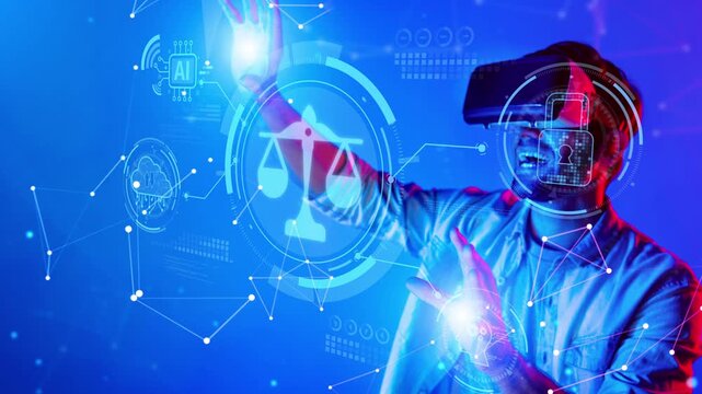 A person interacts with virtual reality technology in a digital environment displaying justice symbols, creating a blend of innovation, emotion, and futuristic design. Raster