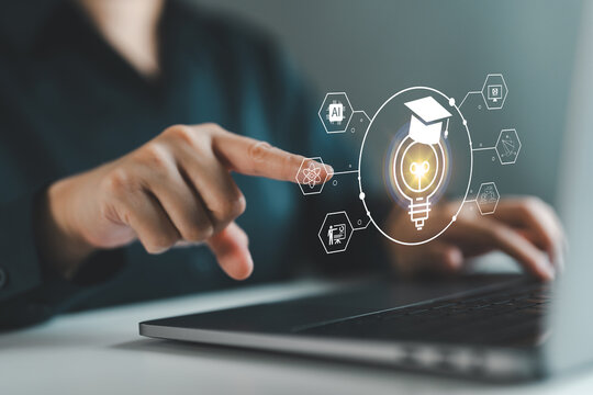 AI-powered education technology concept featuring smart learning, digital education, online training, knowledge management, personalized learning, innovation, future skills and interactive e-learning.