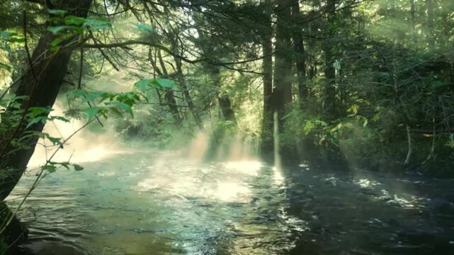 Morning sunlight&mdash;manifesting as sunbeams or "God rays"&mdash;filters through the gaps in the lush green canopy, casting beautiful streaks of light across the clear stream.