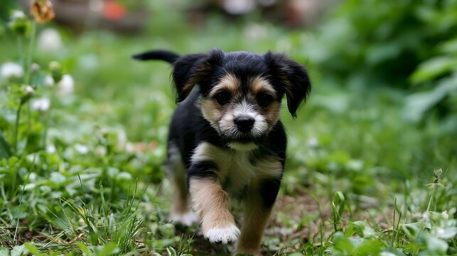 An energetic puppy runs through a lush grassy yard embodying calm and wonder