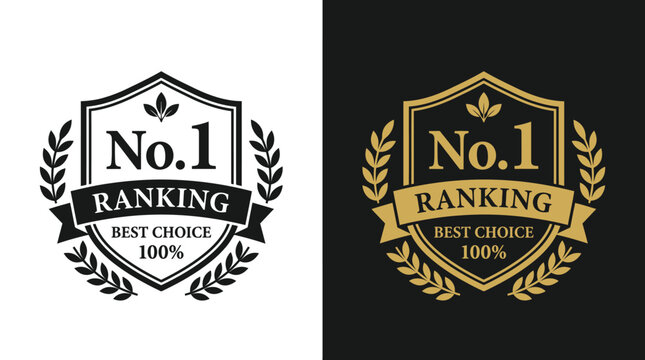Elegant number one ranking badge set featuring a classic shield shape with decorative laurel wreaths and gold or black color options for professional business marketing materials