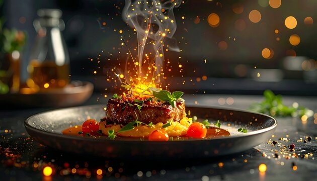 A sizzling dish emits sparks on a plate amidst a cozy kitchen setting